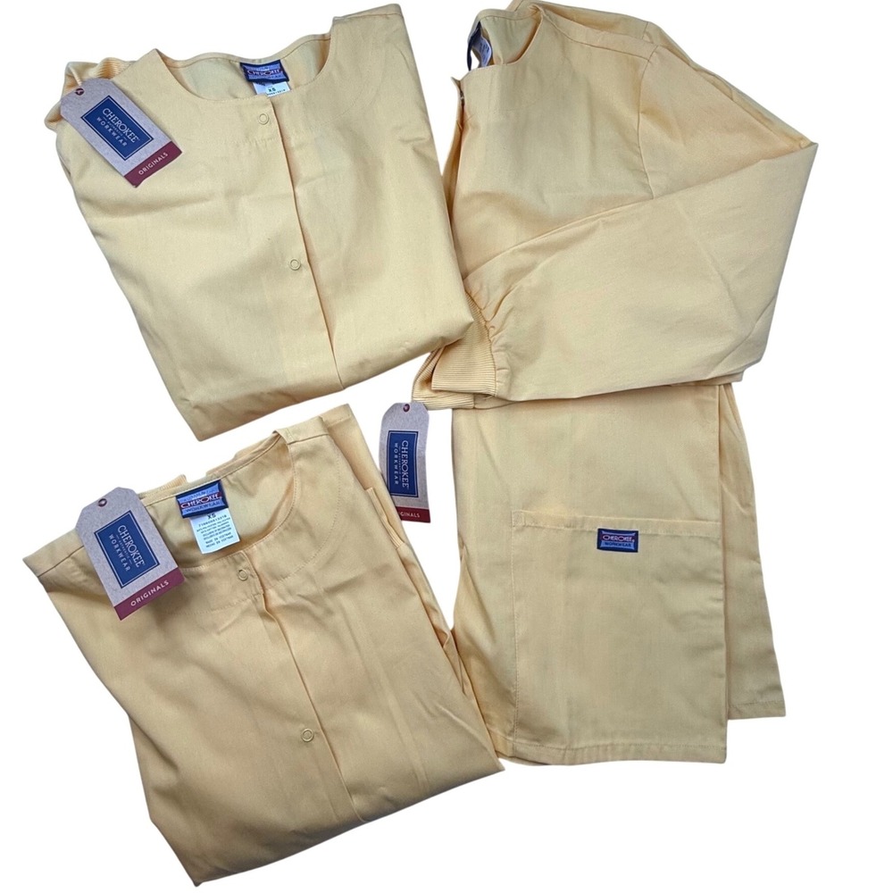 Cherokee scrubs Workwear 2 Yellow long sleeve Top Size XS Lot of 3‎ shirts coat